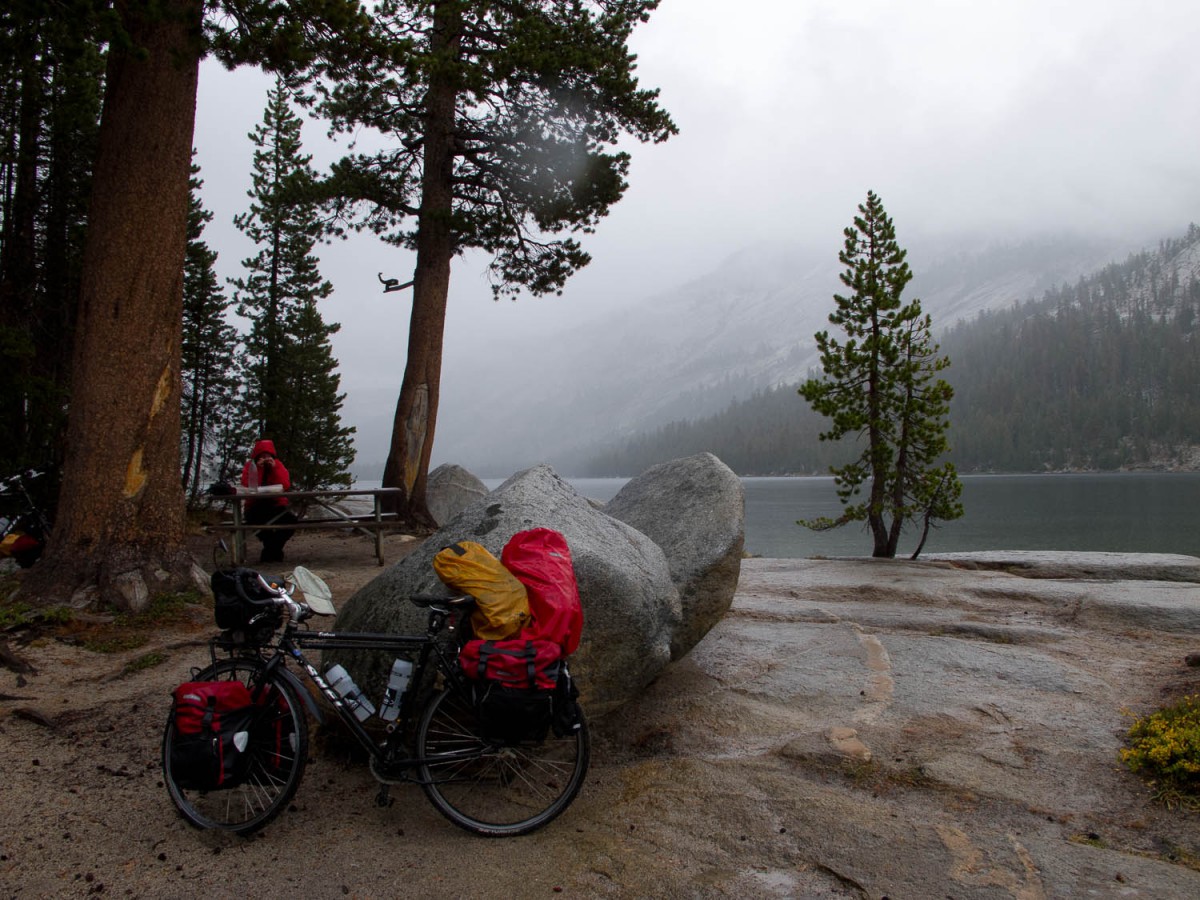 in the high Sierra cold and wet weather can happen anytime (picknick at Tenaya Lake)