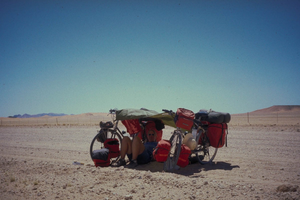 improvising a shady spot between two bikes