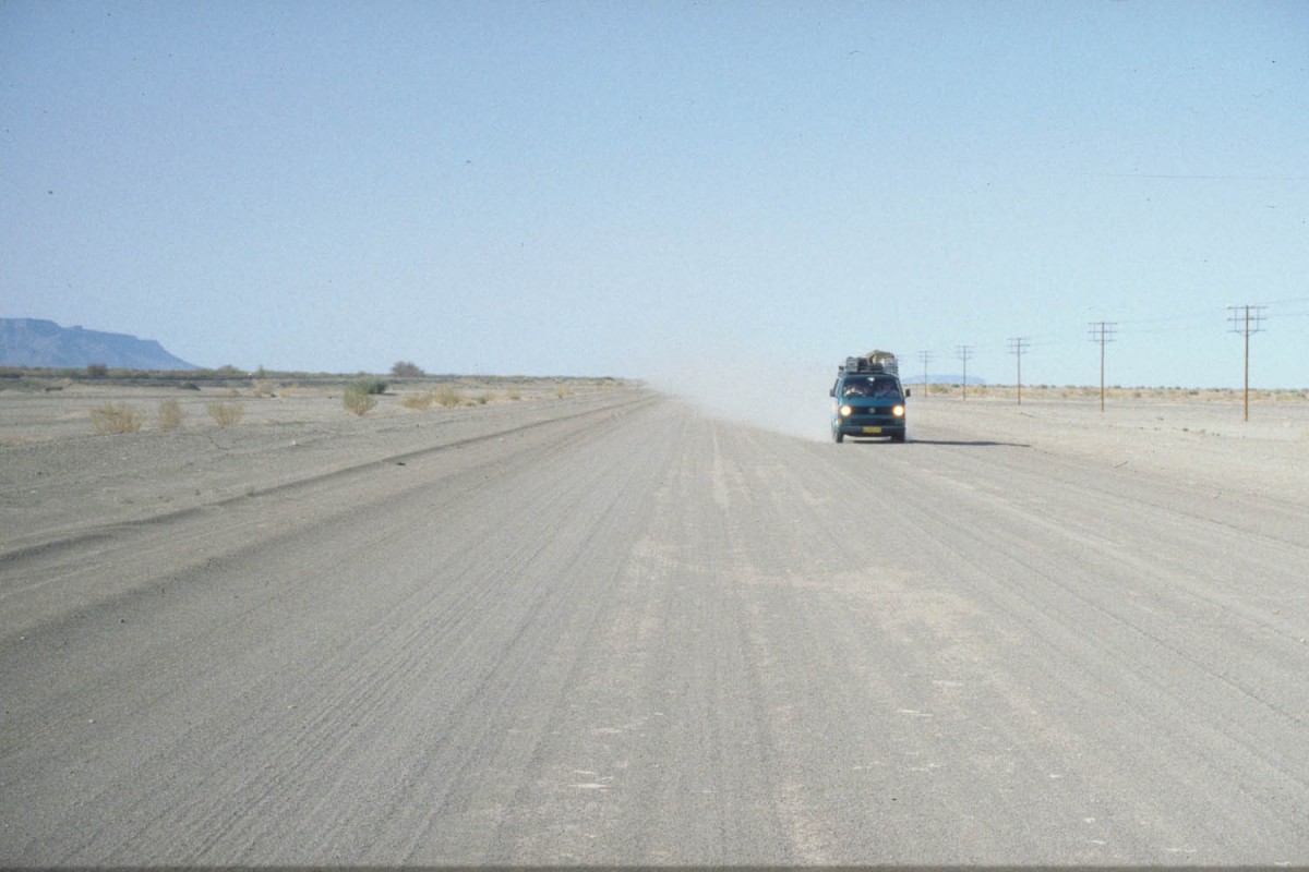 gravel road near Keetmanshoop: oncoming traffic is clearly visible!