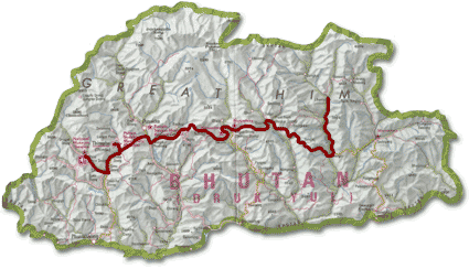 Map of Bhutan with our route from Paro to Luentshe 