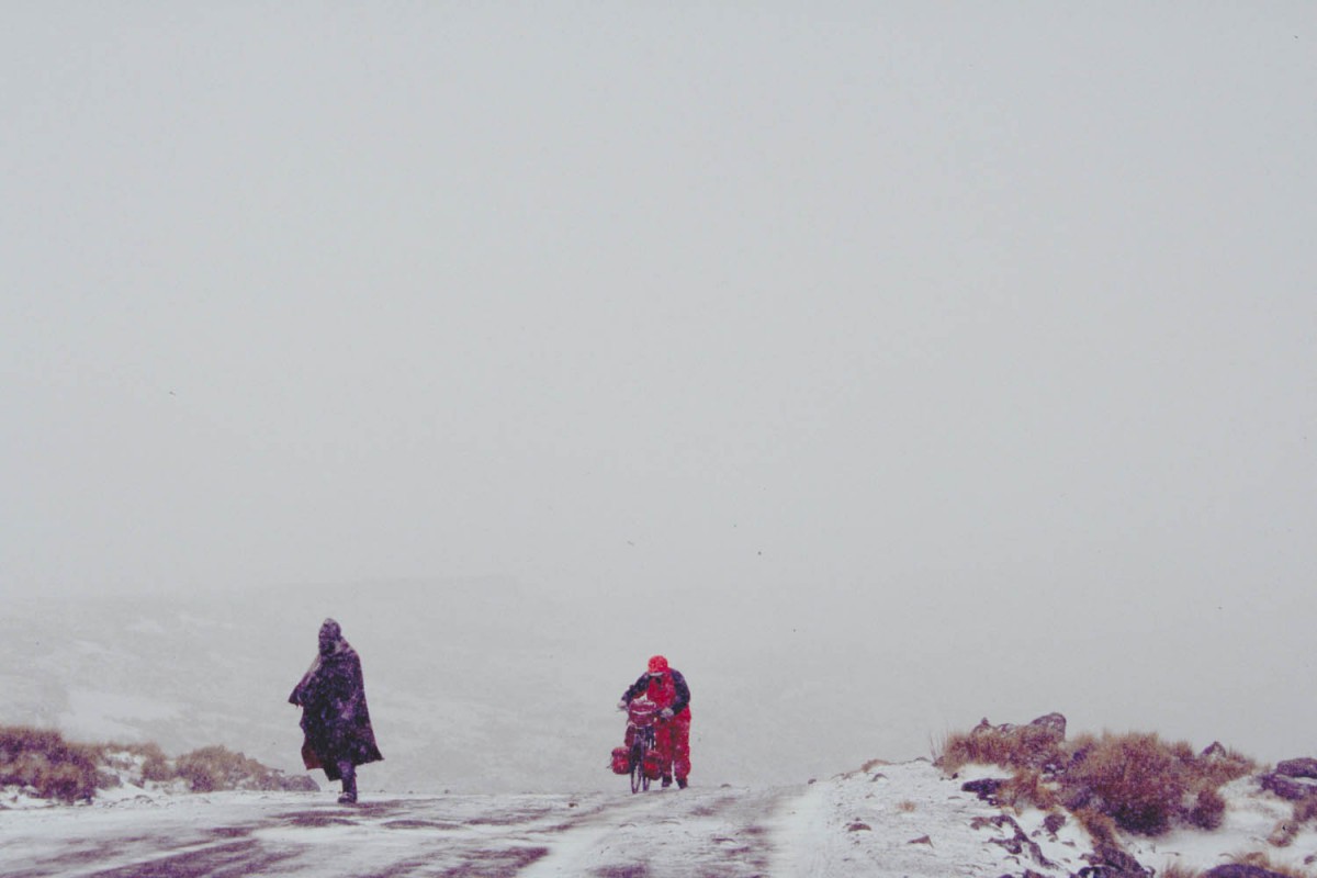 walking uphill in a blizzard